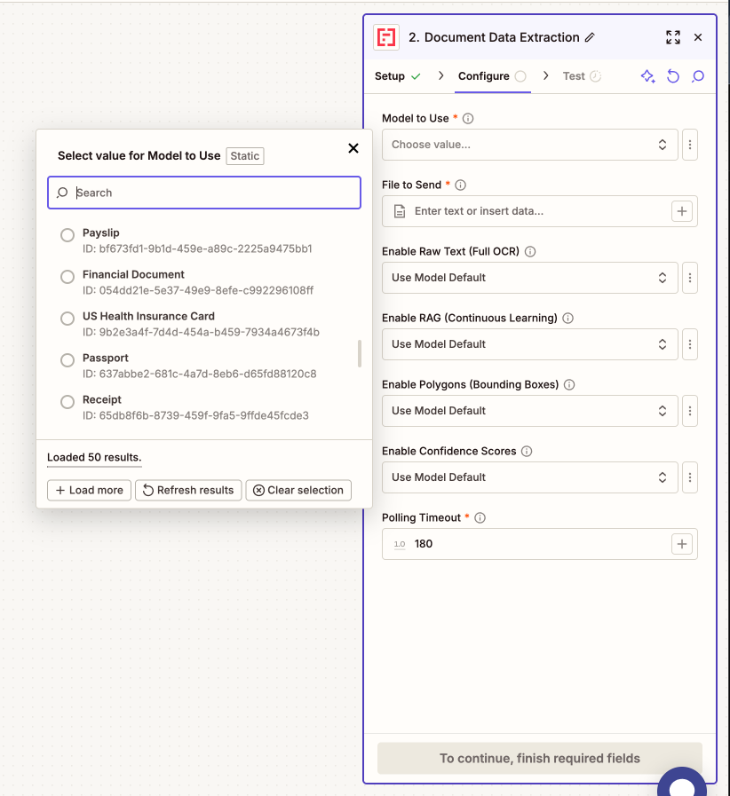 a view on Mindee's model menu on Zapier