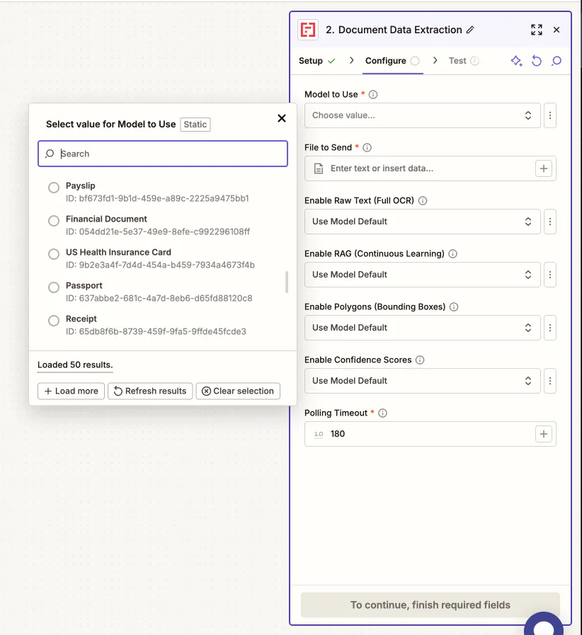 a view on Mindee's model menu on Zapier
