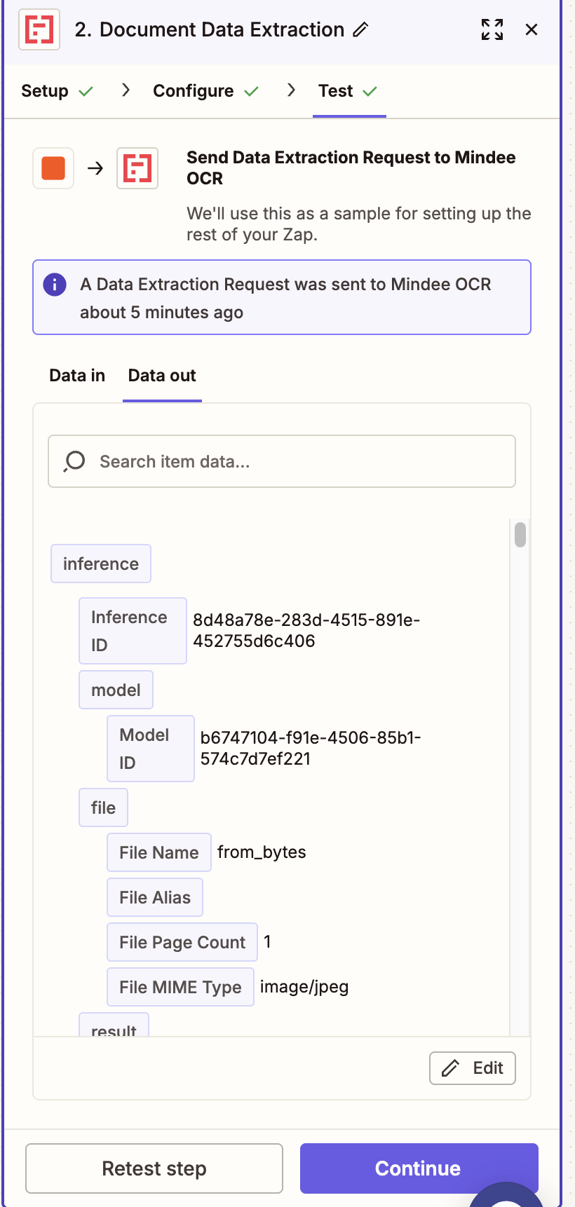 a screenshot of the data out view of Mindee in Zapier