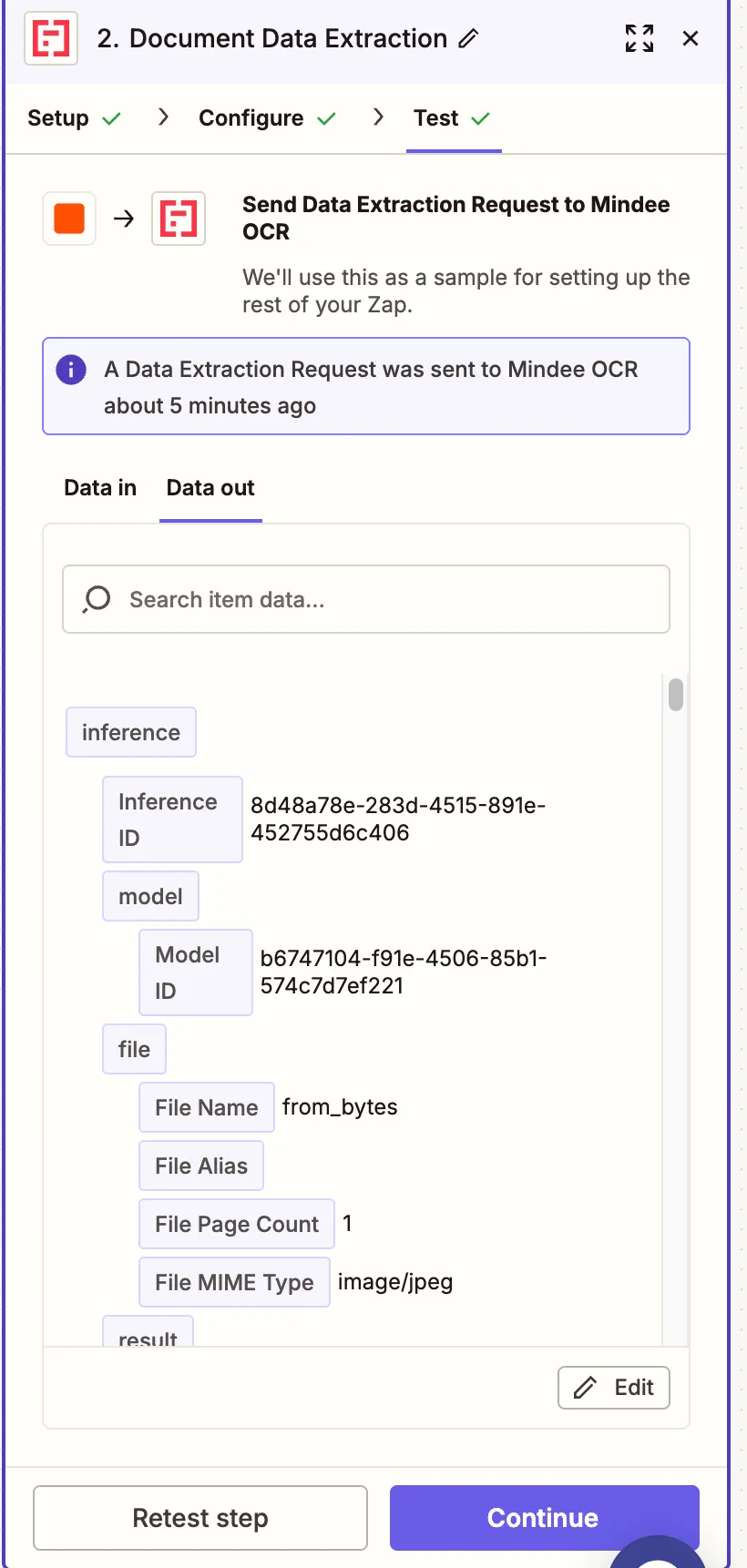 a screenshot of the data out view of Mindee in Zapier