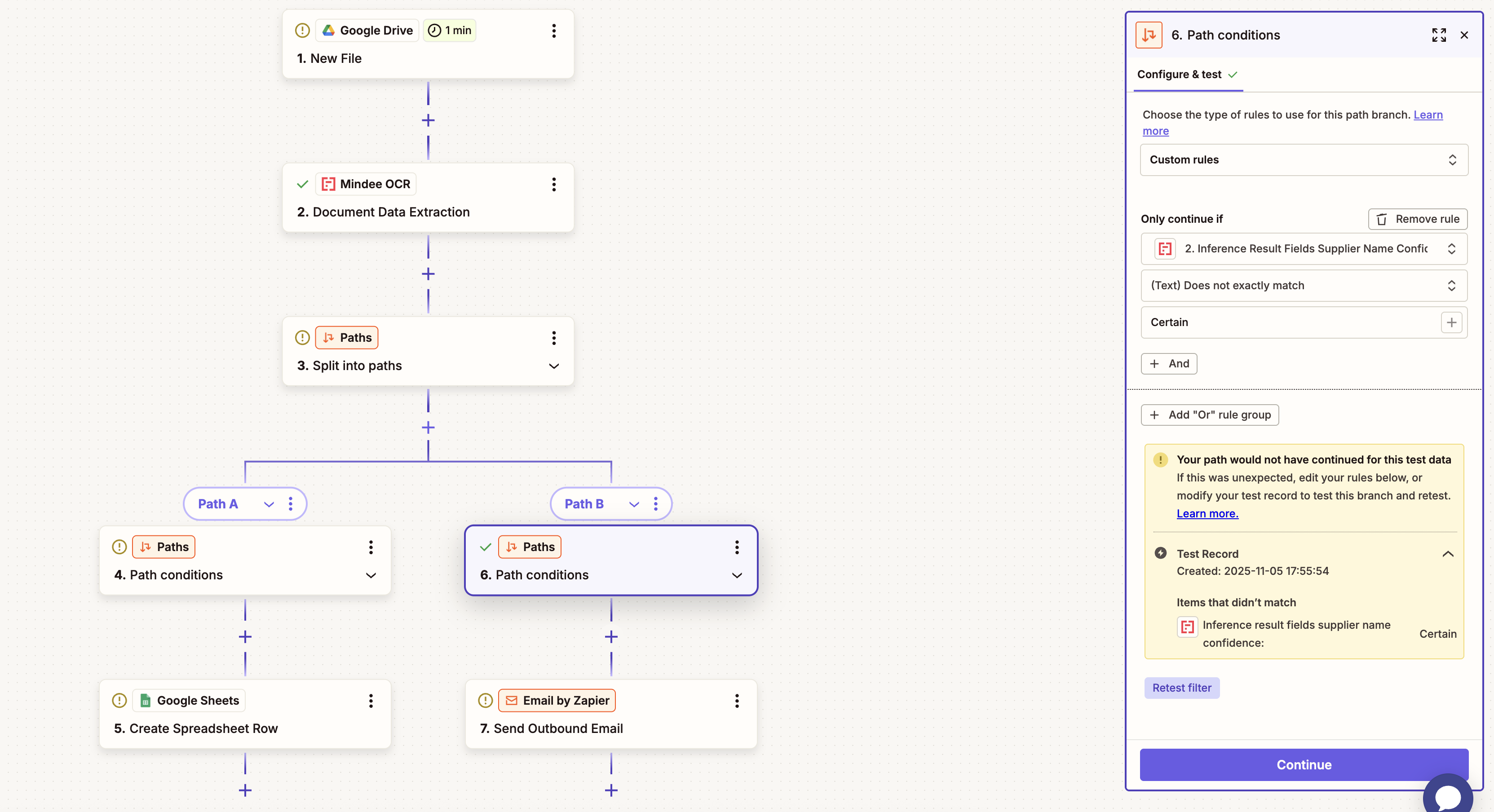 a screeshot of a Mindee zap where the confidence score is not set to Certain