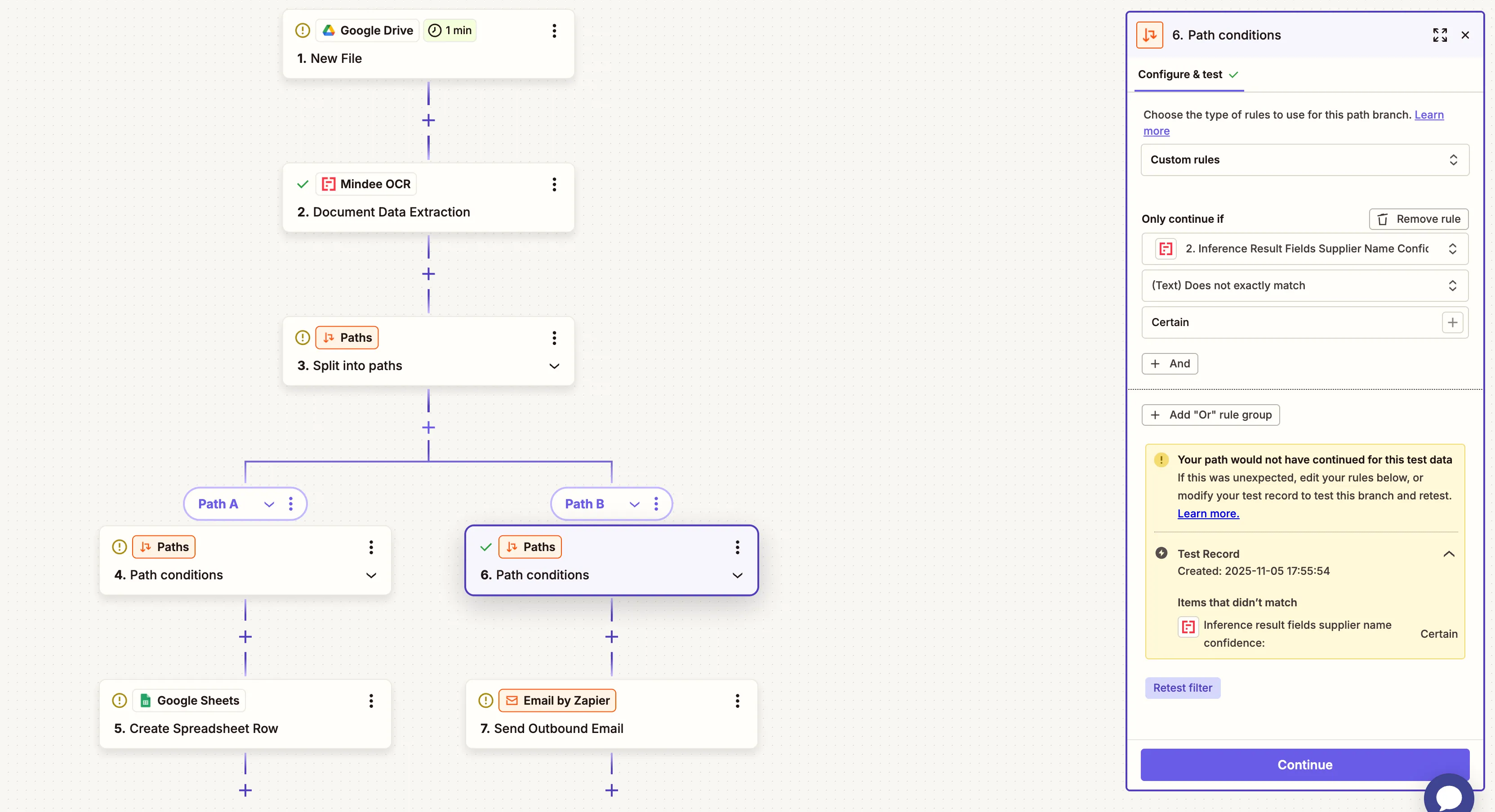 a screeshot of a Mindee zap where the confidence score is not set to Certain