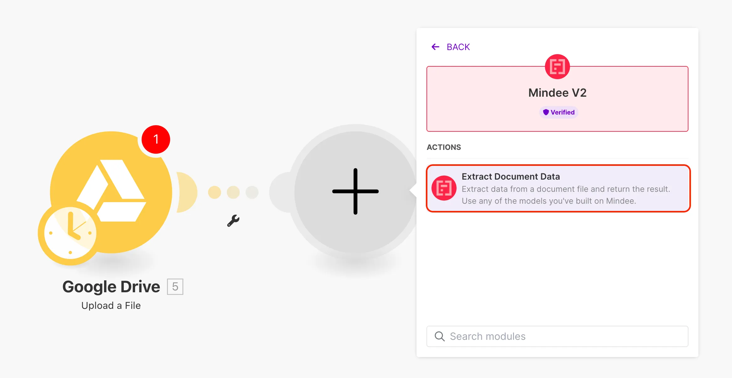 the "extract document data" action of Mindee in Make
