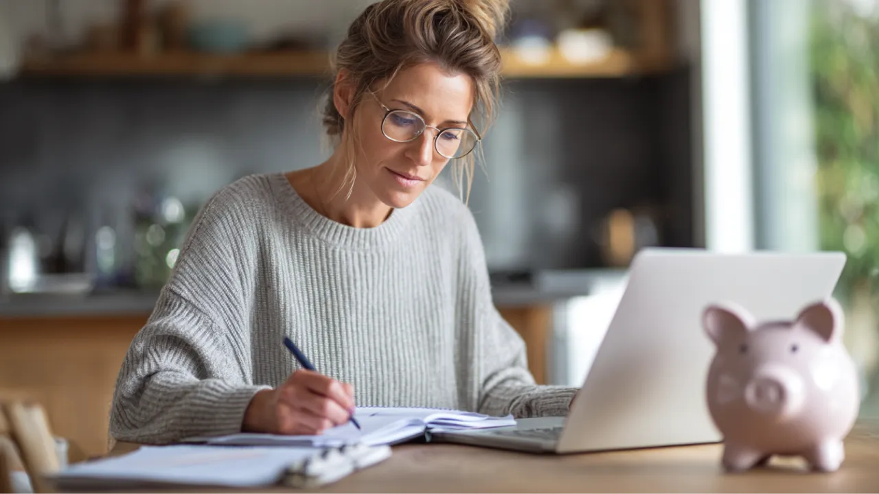 Focused woman with glasses and a gray knit sweater writing in a notebook, managing personal finances with a laptop and a pink piggy bank at a home table.