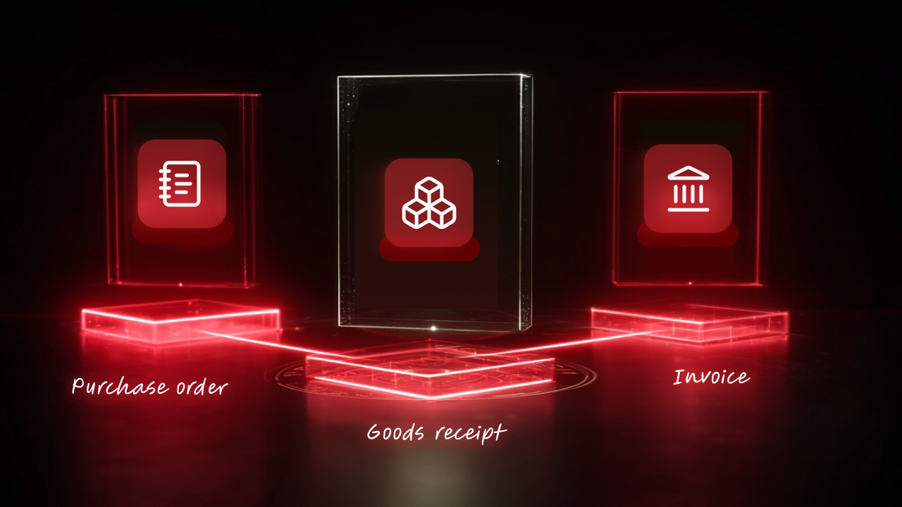 A three-part graphic displays a 3-way matching process for business transactions, connected by glowing red neon lines that intersect on a floor. Each element features a illuminated display with an icon inside: a notebook with lines for the Purchase Order, stacked cubes for the Goods Receipt, and a building with columns for the Invoice. Underneath the displays, the process steps are in script text: "Purchase Order", "Goods Receipt", and "Invoice".