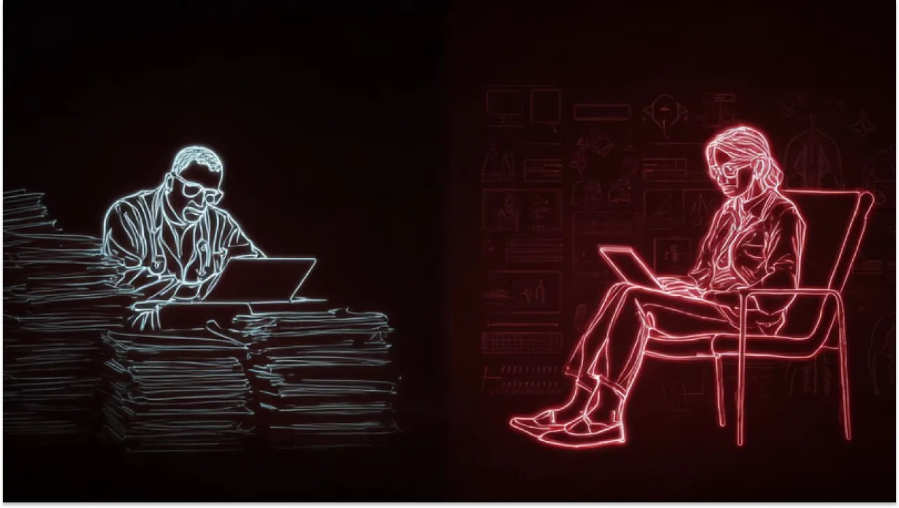 Neon line art illustration comparing a doctor overwhelmed by stacks of paper medical records on the left, and a doctor efficiently reviewing structured digital patient data on a tablet on the right, symbolizing healthcare automation.