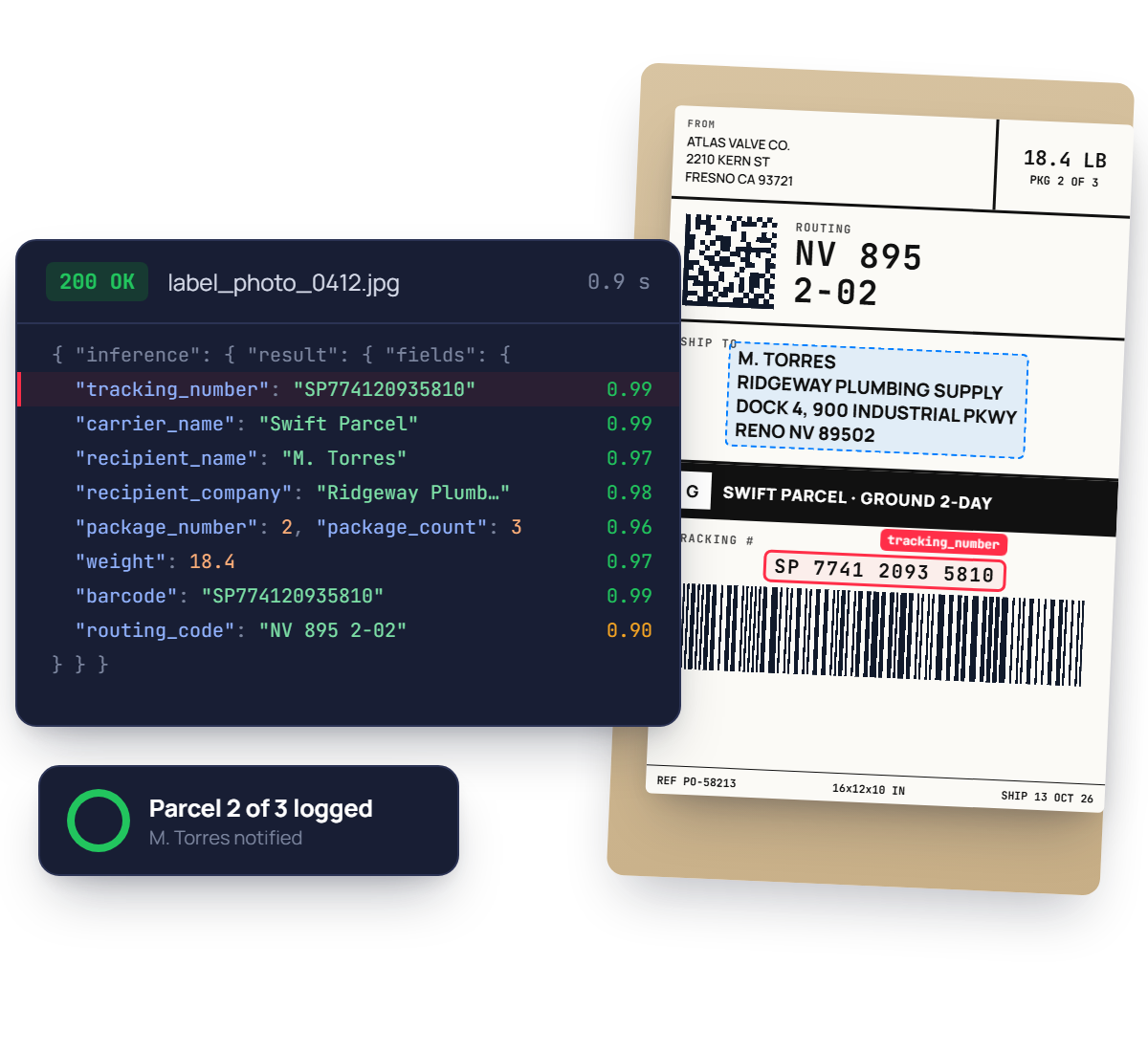 Shipping label OCR API reading tracking number, carrier, recipient, weight and barcode from a parcel label into JSON