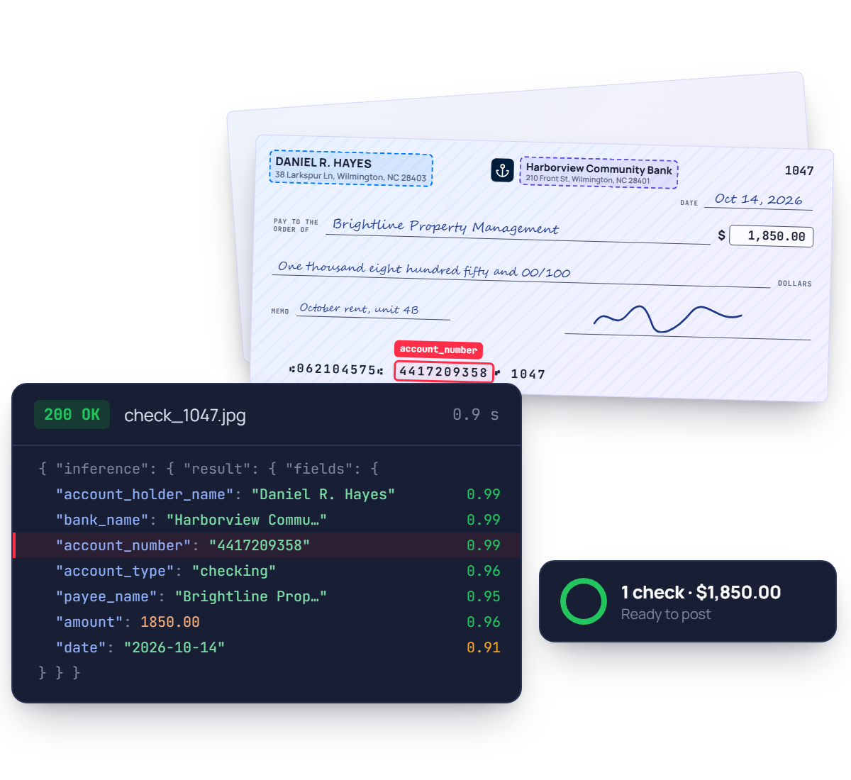 API OCR chèque bancaire lisant titulaire, banque, numéro de compte, bénéficiaire et montant d'un chèque personnel en JSON