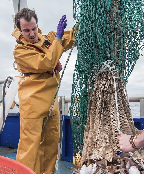 A man in a yellow gear emptying a fishing net