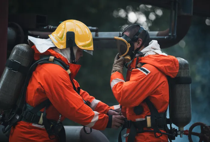 Two fire fighters putting on gear