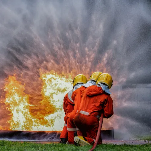 Two people in fire gear fighting fire