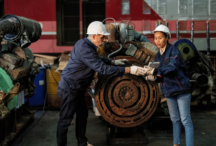 A man and woman look at a electronic tablet as they discuss an engine