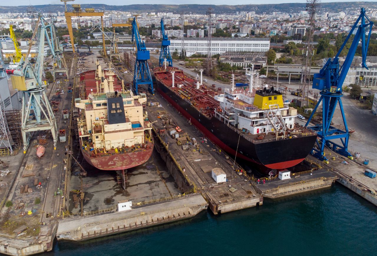 Ariel view of two ships in shipyard