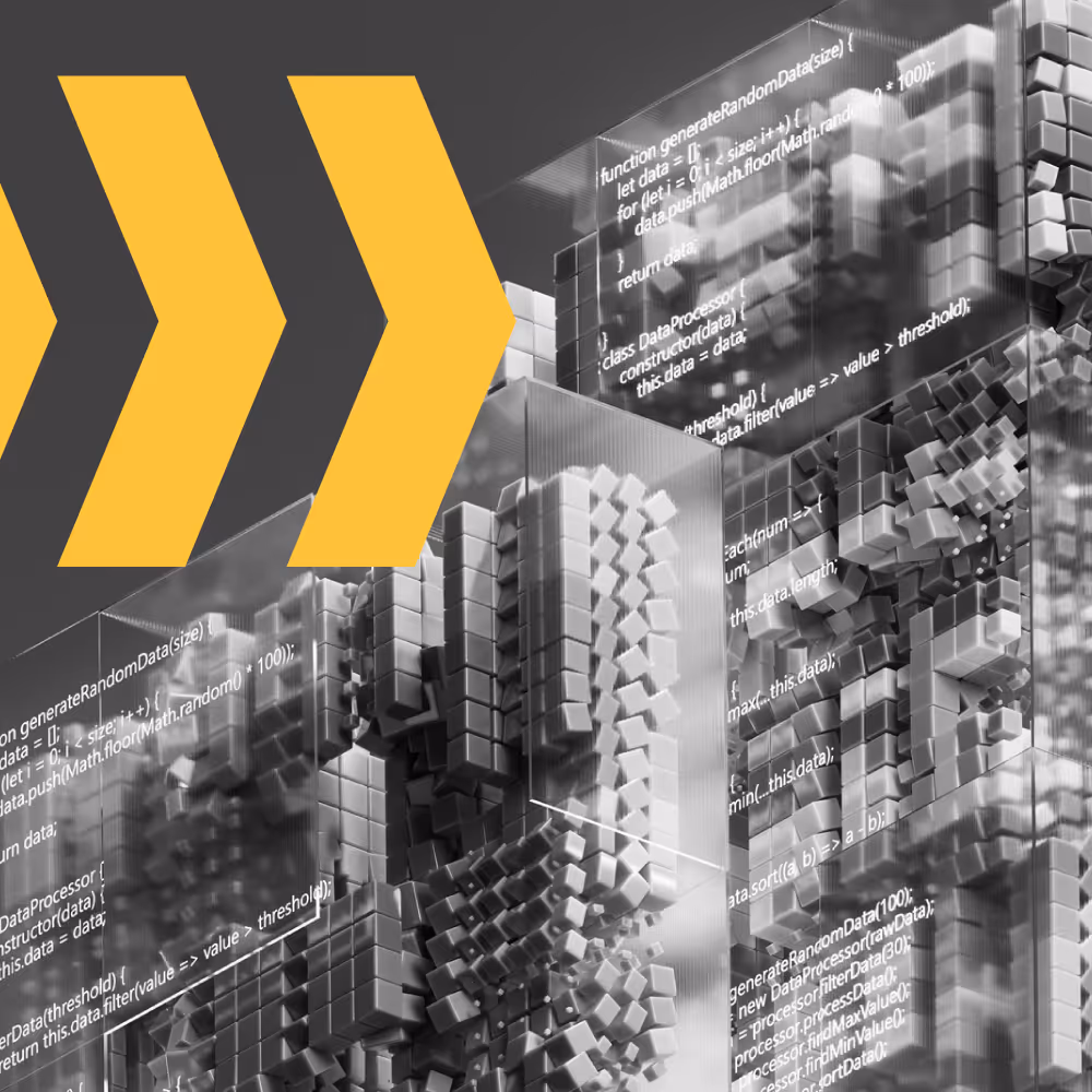 3D digital cubes with overlaid computer code in a futuristic data visualization design.