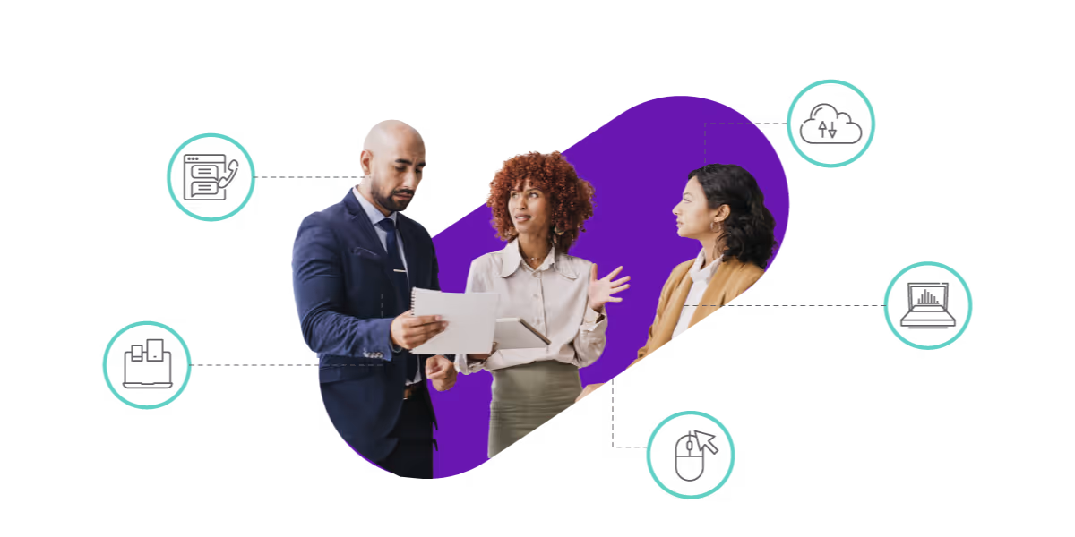 Image of three people having a conversation over a laptop.