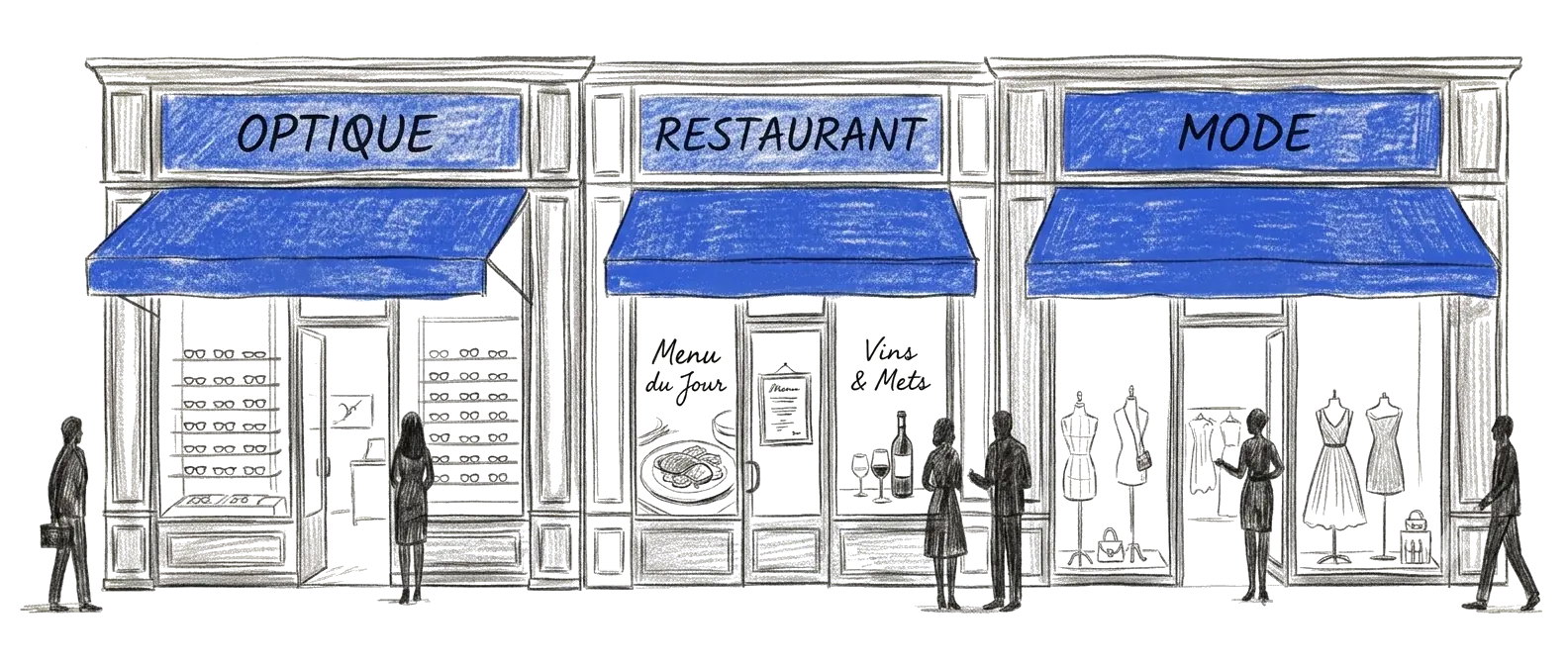 Illustration au crayon de trois devantures de boutiques : optique, restaurant et mode