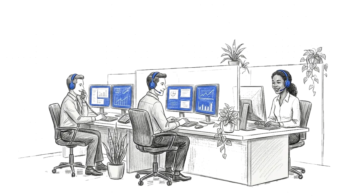 Illustration au crayon d'un plateau de relation client : trois conseillers avec casques face à leurs écrans