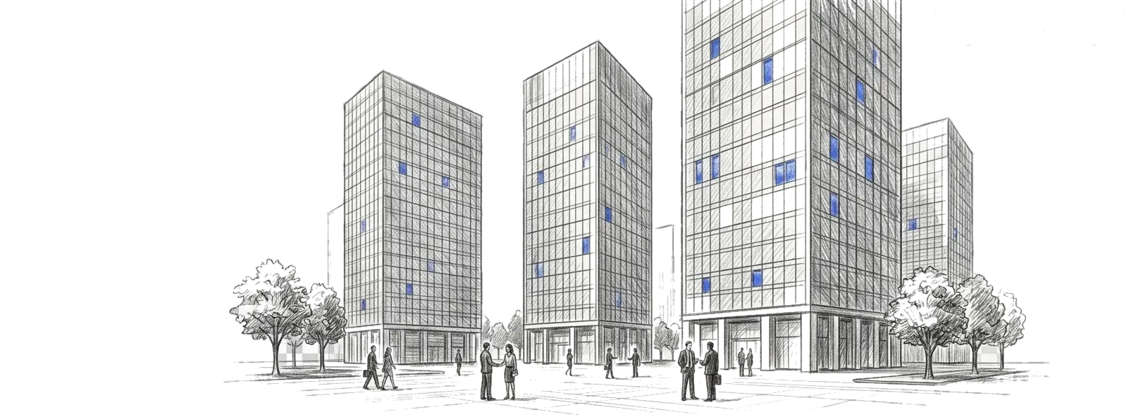 Illustration au crayon d'un quartier d'affaires : tours de bureaux modernes et silhouettes sur un parvis