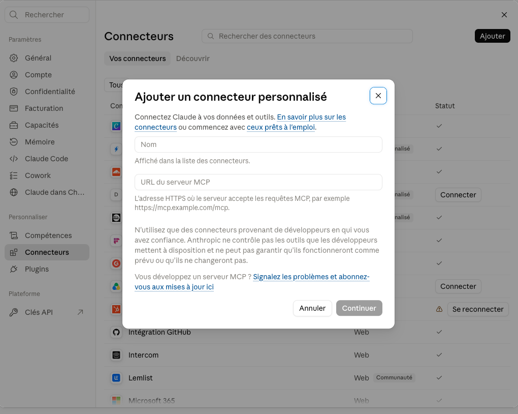 Ajouter un connecteur personnalisé dans Claude