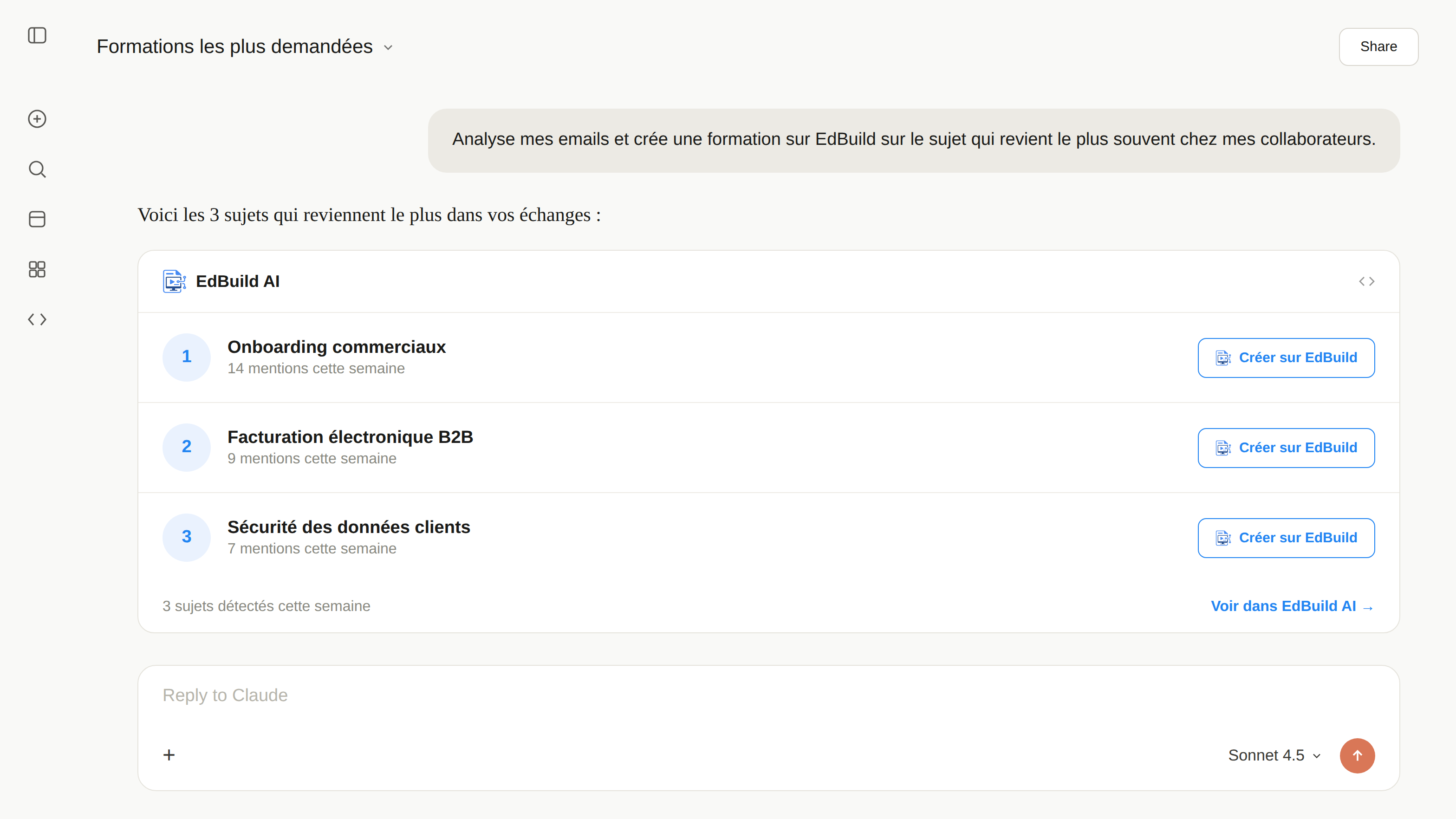Conversation Claude connectée au MCP EdBuild AI qui detecte 3 sujets de formation recurrents et propose de les creer sur EdBuild AI