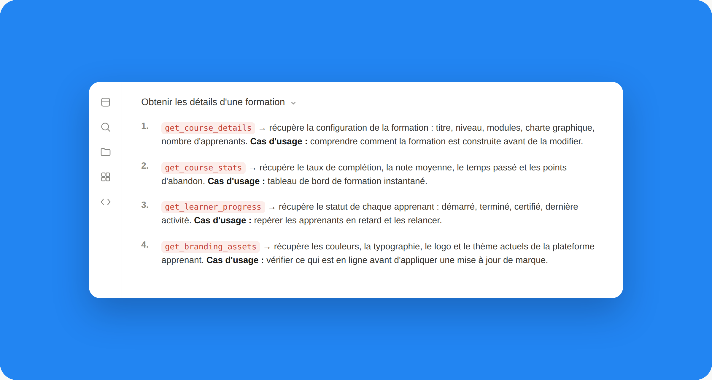 Détail des outils MCP EdBuild AI disponibles pour consulter formations, statistiques et branding