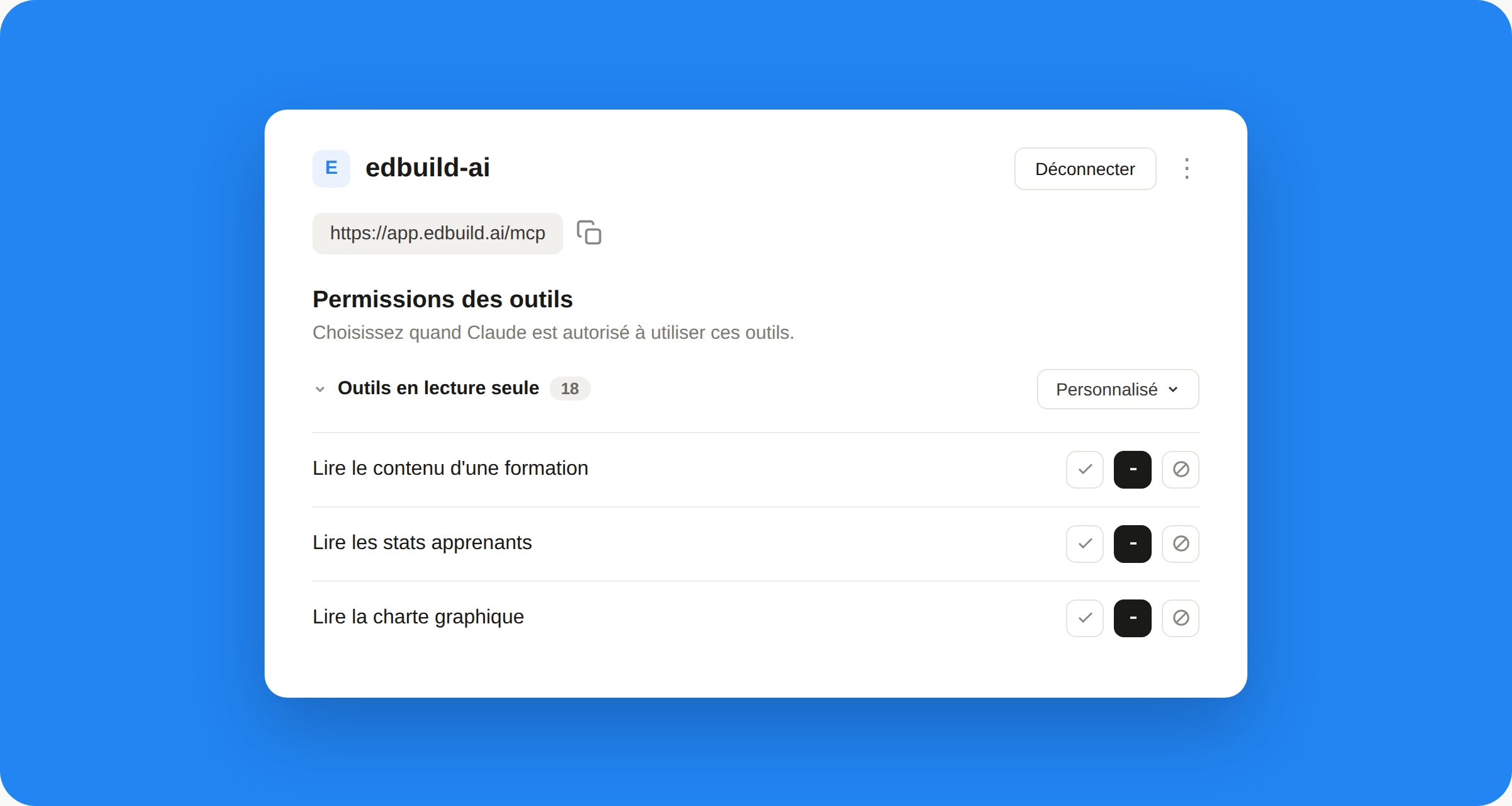 Panneau de permissions Claude listant les outils en lecture seule du connecteur edbuild-ai