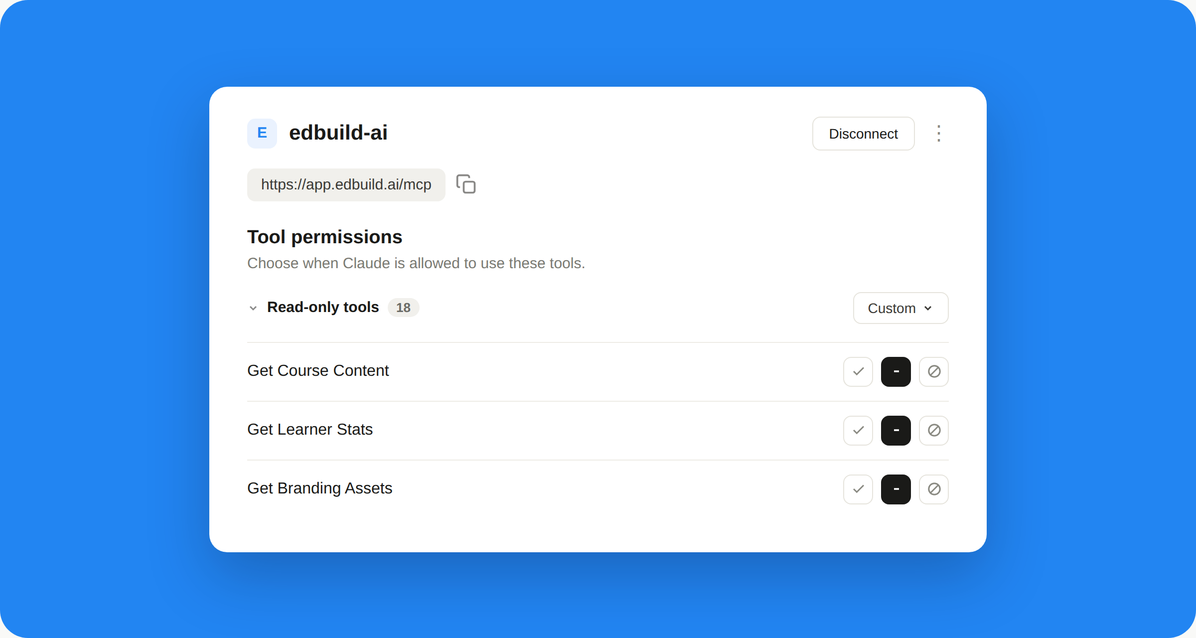 Panneau de permissions Claude listant les outils en lecture seule du connecteur edbuild-ai
