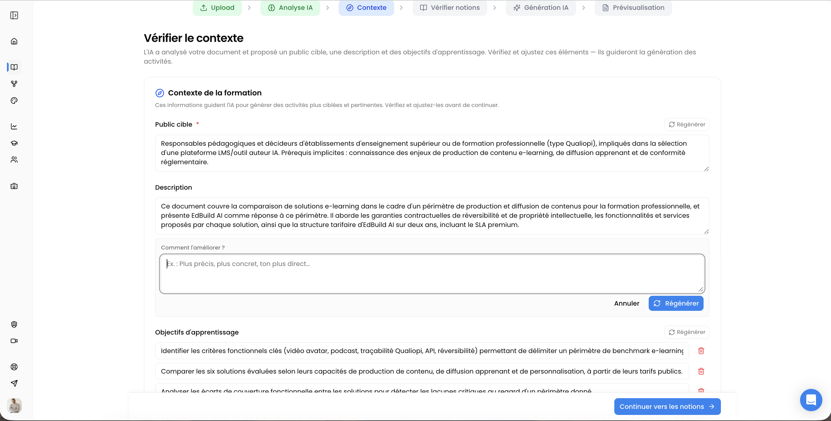 Public cible, description et objectifs d'apprentissage proposés par l'IA