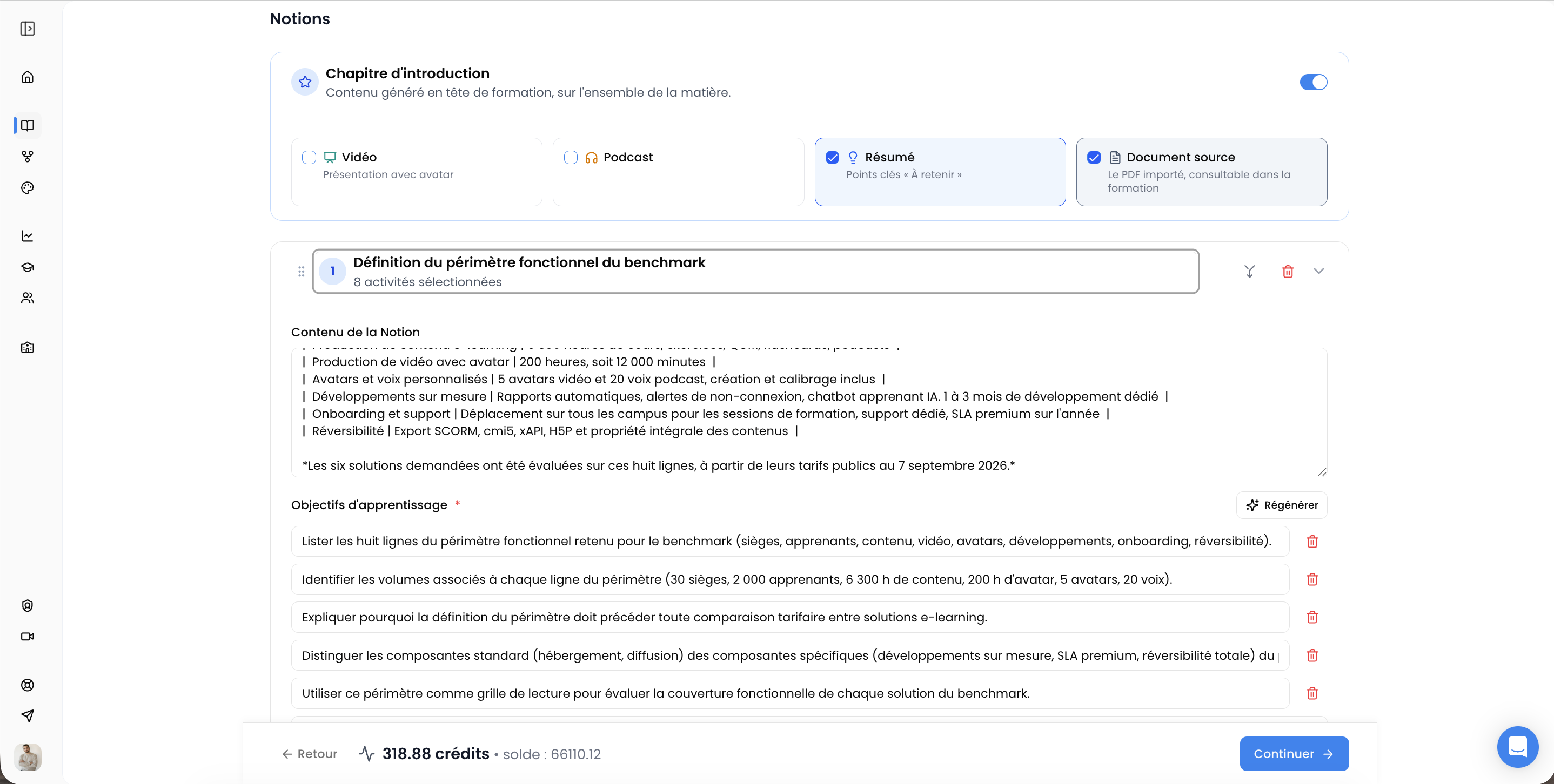 Notions identifiées et activités générées pour chaque notion de la formation