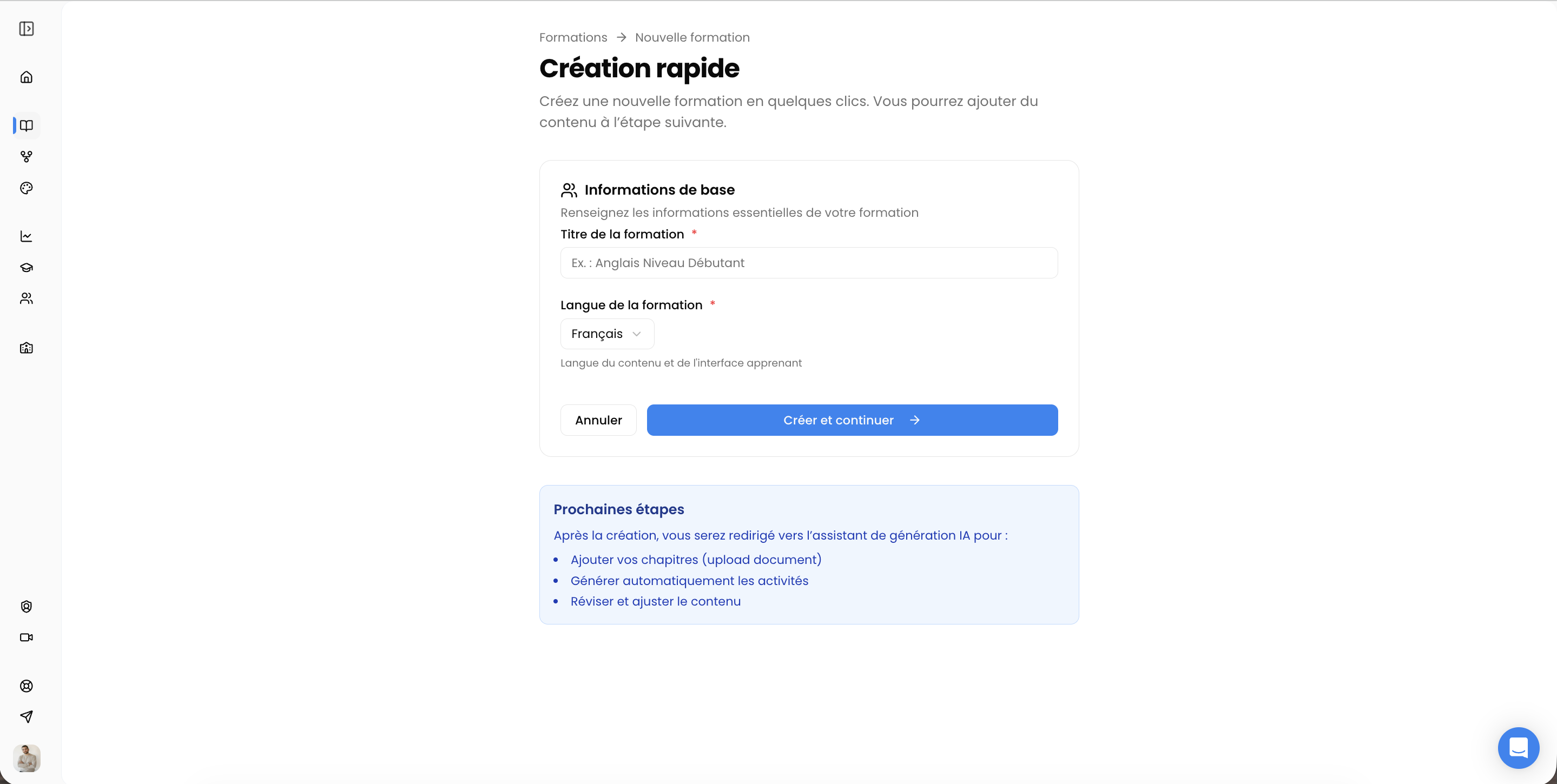 Écran de création d'une formation : choix entre une matière complète et un chapitre