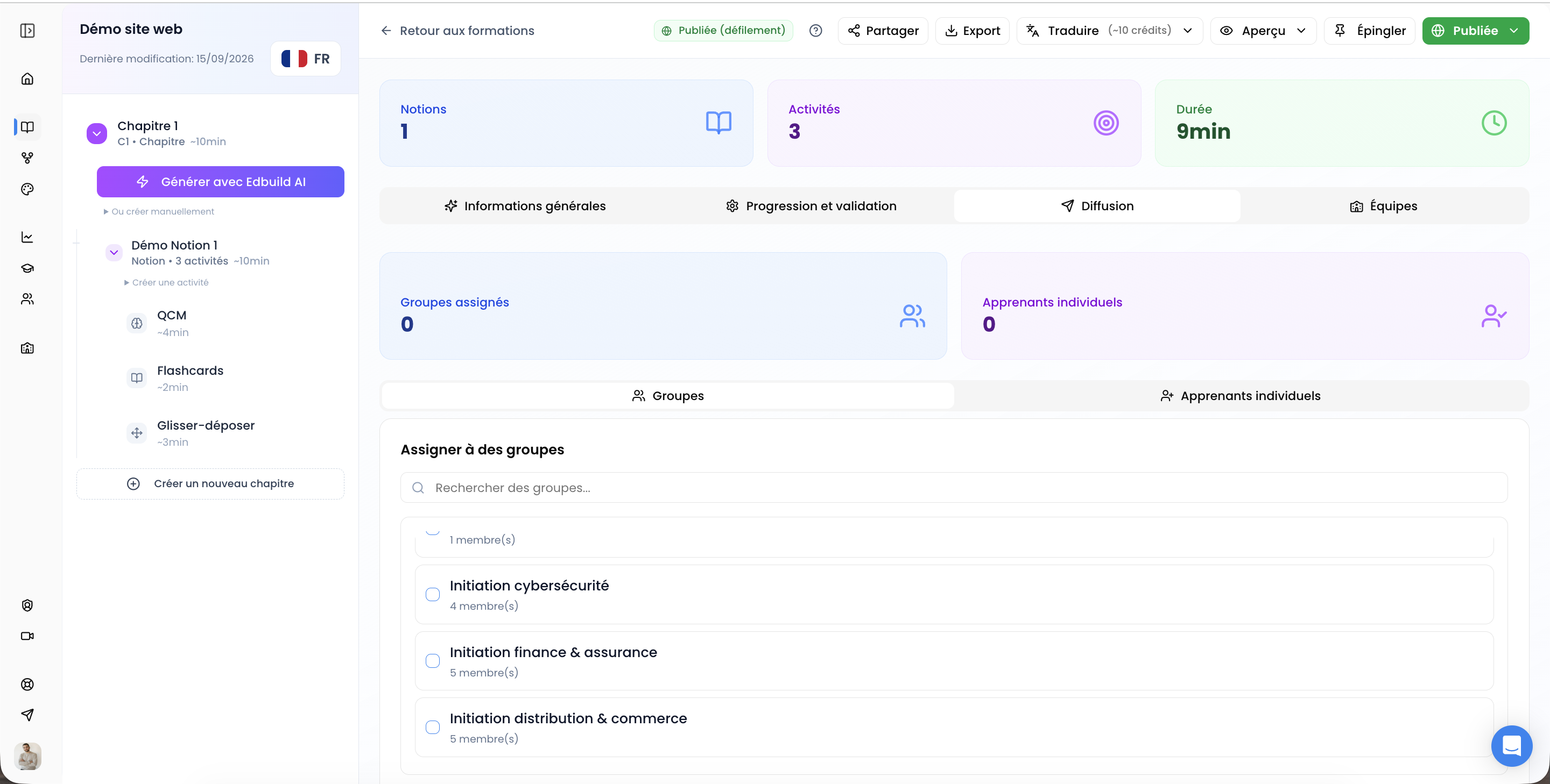 Publication d'une formation et diffusion à un groupe d'apprenants