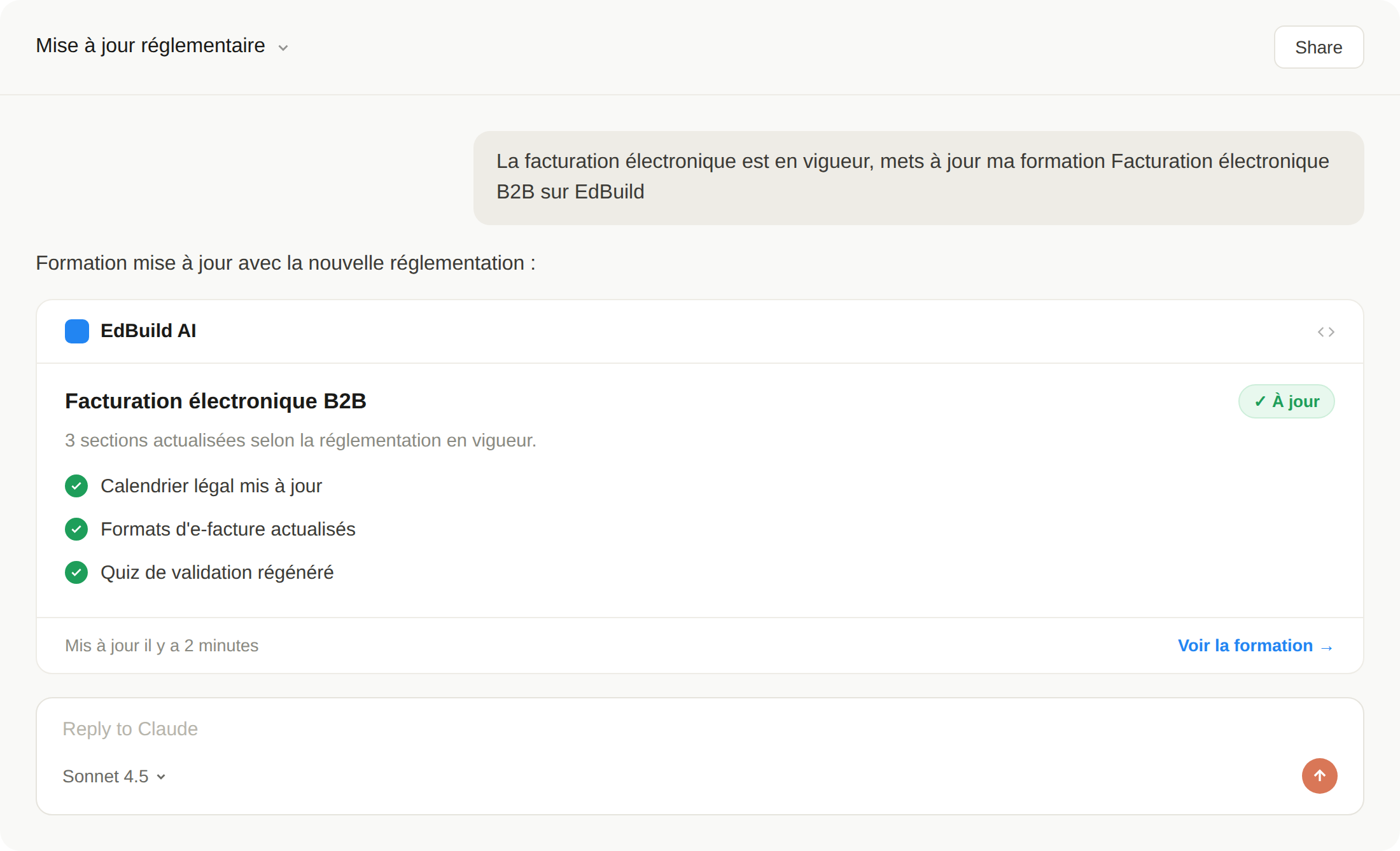 Assistant IA confirmant la mise à jour d'une formation Facturation électronique B2B sur EdBuild AI