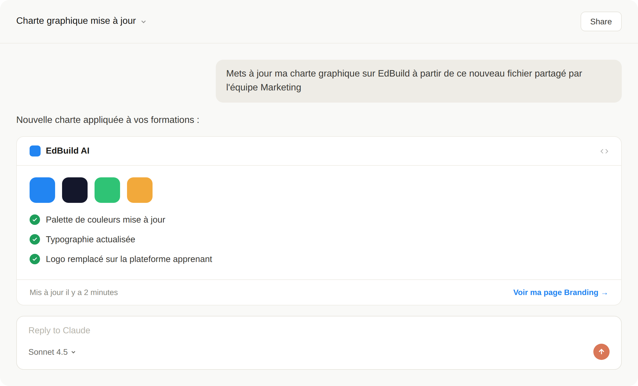 Assistant IA appliquant la nouvelle charte graphique aux formations et à la plateforme apprenant EdBuild AI