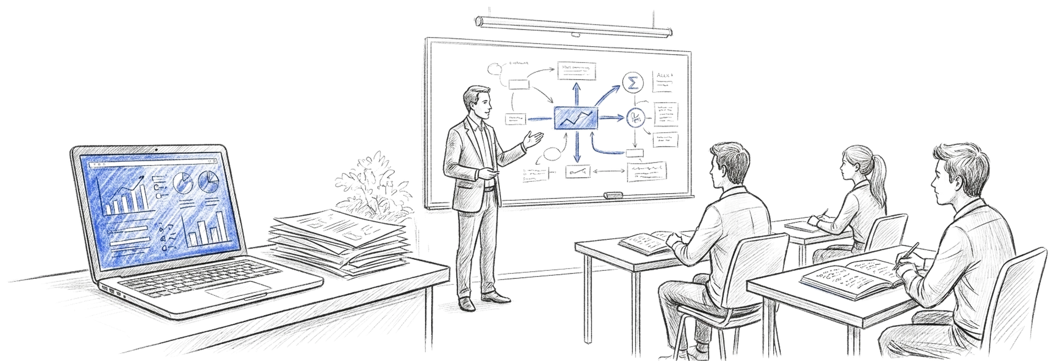 Illustration au crayon d'une salle de classe : un enseignant explique une leçon à un groupe d'étudiants, avec un ordinateur portable ouvert sur le bureau.