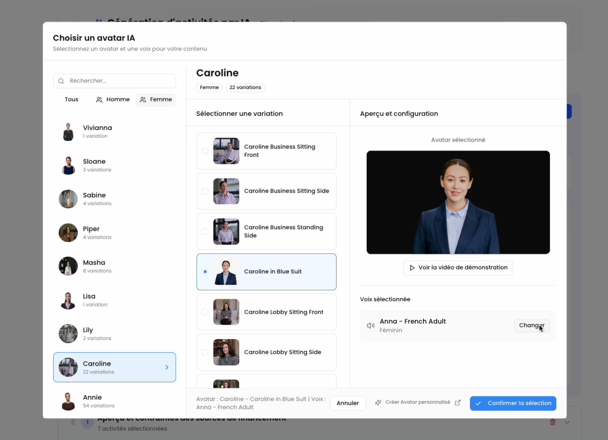 Sélection d'un avatar IA et de sa voix pour les vidéos de cours