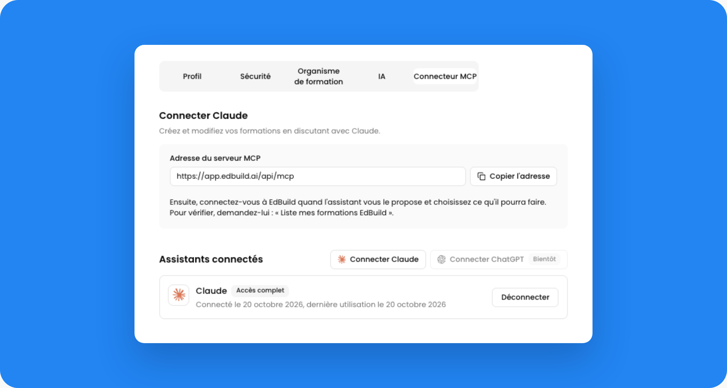 Onglet Connecteur MCP des paramètres EdBuild AI avec l'adresse du serveur MCP à copier et le bouton Connecter Claude