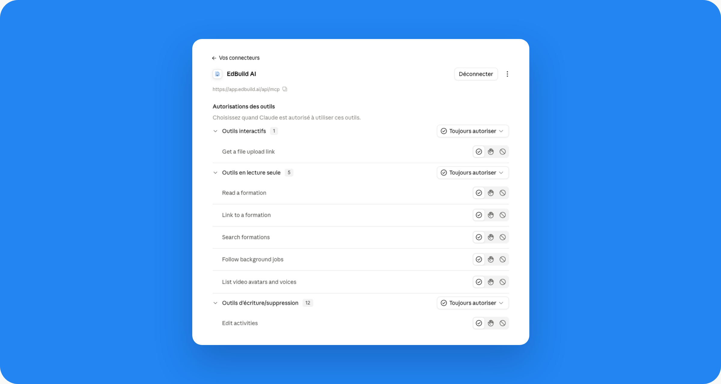 Autorisations des outils du connecteur EdBuild AI dans Claude : outils interactifs, en lecture seule et d'écriture ou suppression