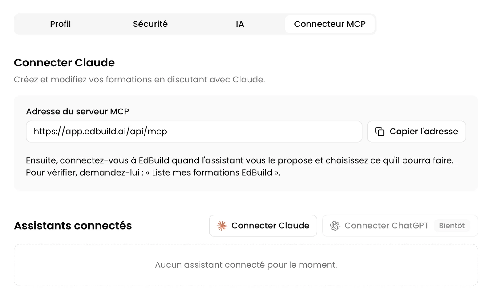 Onglet Connecteur MCP de Mon Compte EdBuild AI avec le bouton Connecter Claude