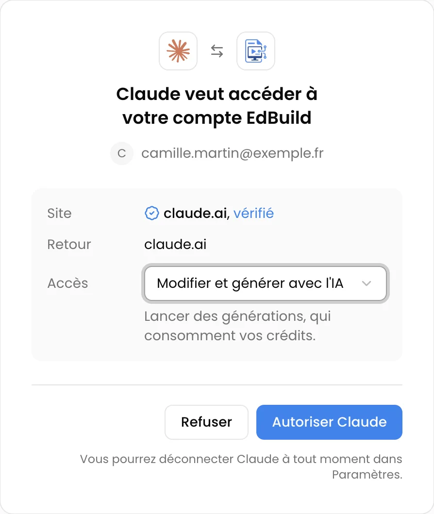 Page EdBuild AI Claude veut accéder à votre compte avec le choix du niveau d'accès