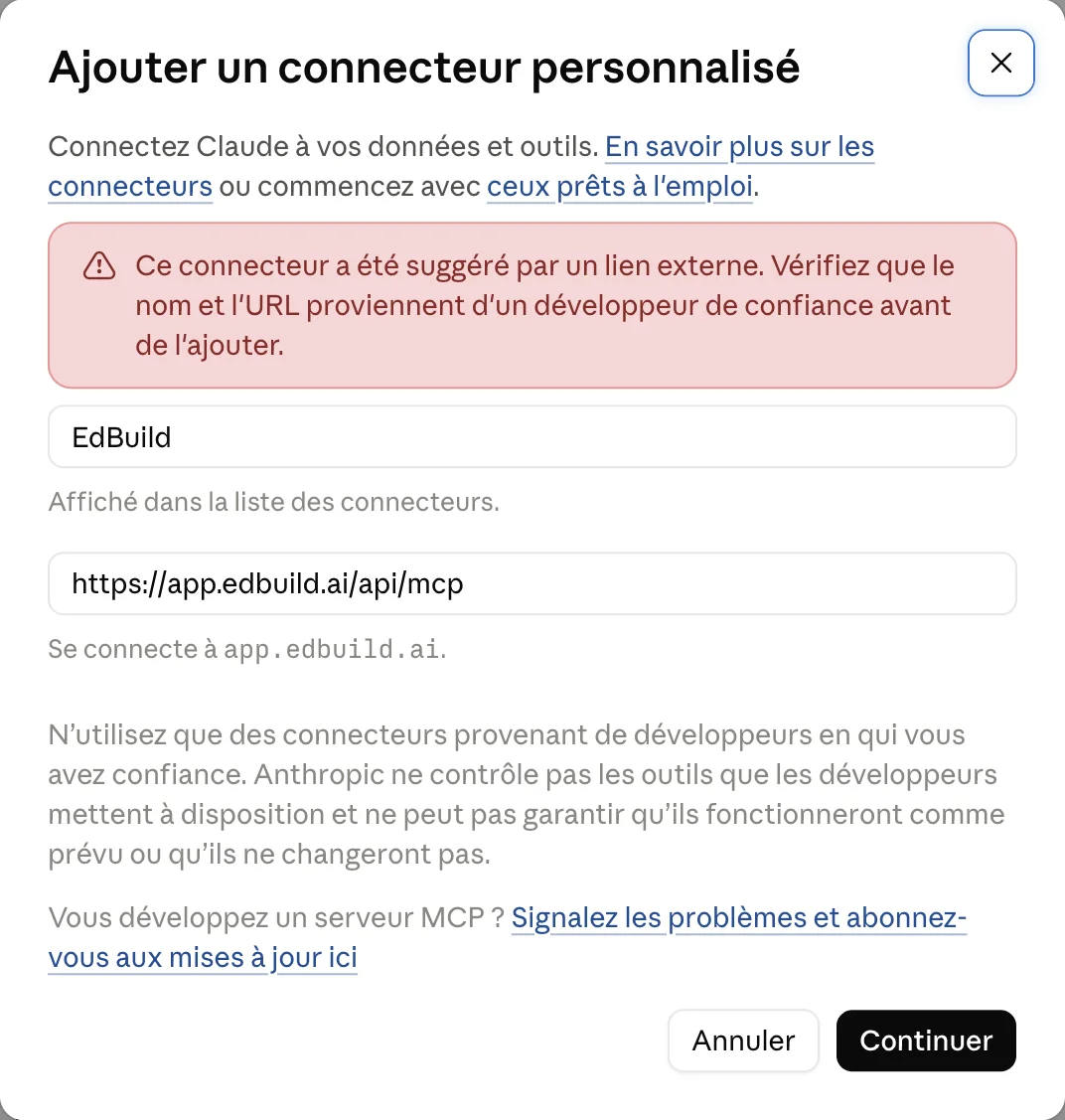 Fenêtre Claude Ajouter un connecteur personnalisé pré-remplie avec EdBuild et l'adresse du serveur