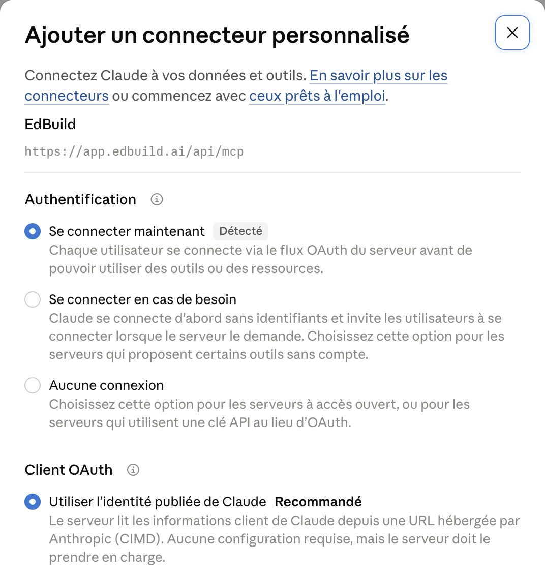 Étape Authentification dans Claude avec les options par défaut cochées
