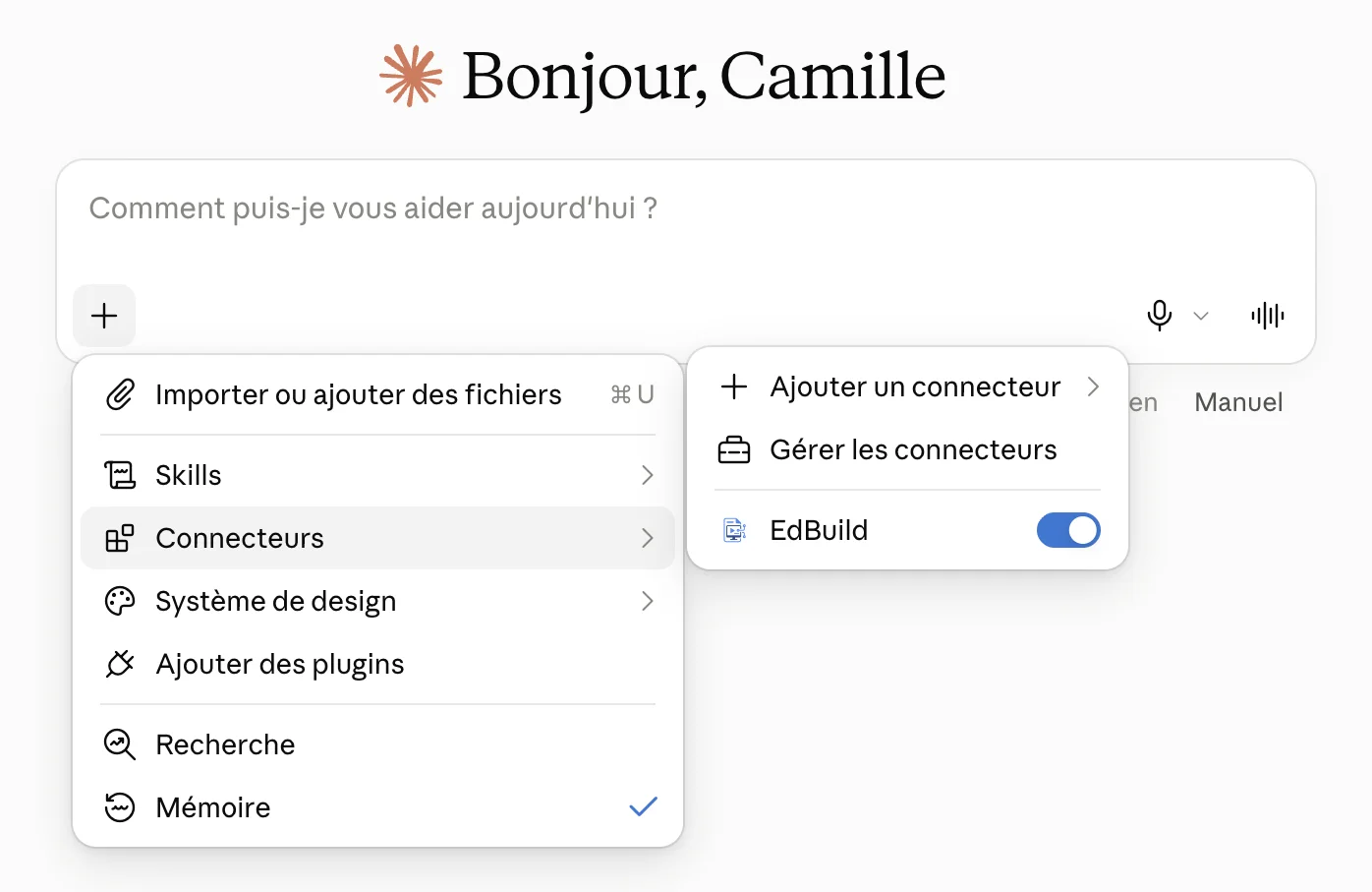 Menu Connecteurs de Claude avec le connecteur EdBuild activé