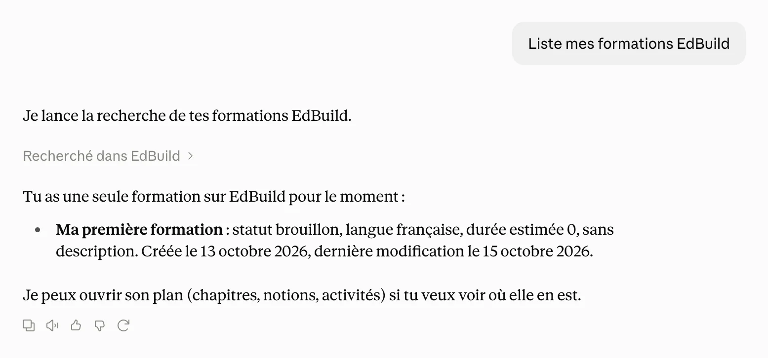 Claude liste les formations EdBuild AI de l'utilisateur
