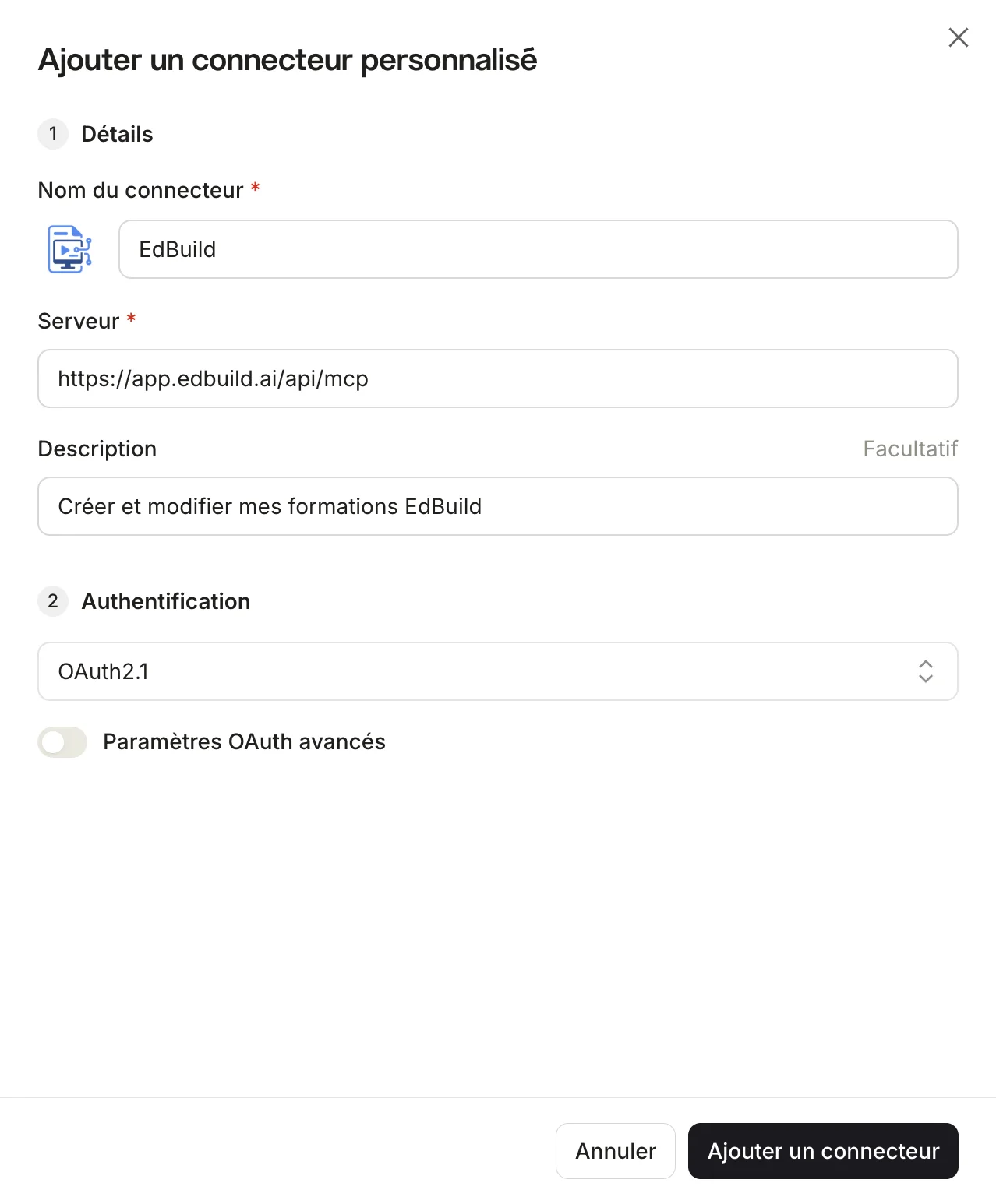 Formulaire Mistral Ajouter un connecteur personnalisé avec le nom EdBuild et l'adresse du serveur