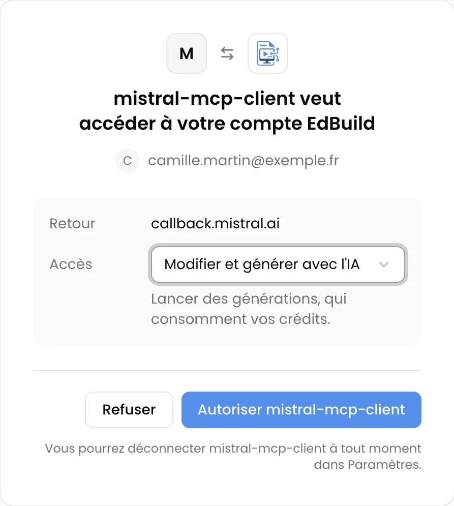Page EdBuild AI mistral-mcp-client veut accéder à votre compte