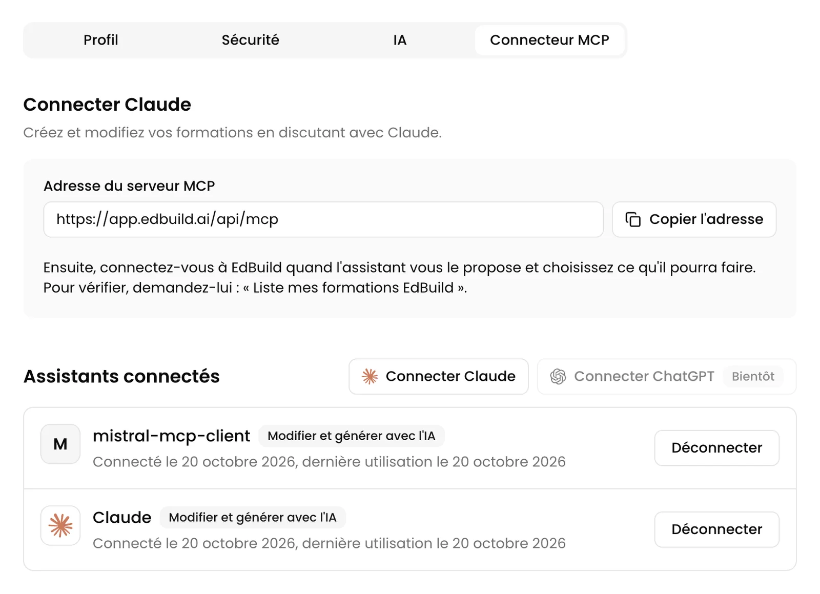 Onglet Connecteur MCP dans Mon Compte EdBuild AI, avec Claude et Mistral connectés