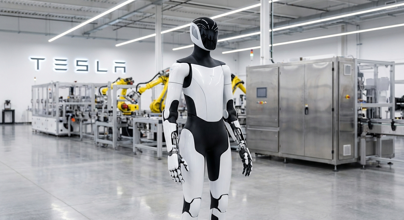 Tesla Optimus Gen 2 humanoid robot in a modern factory setting