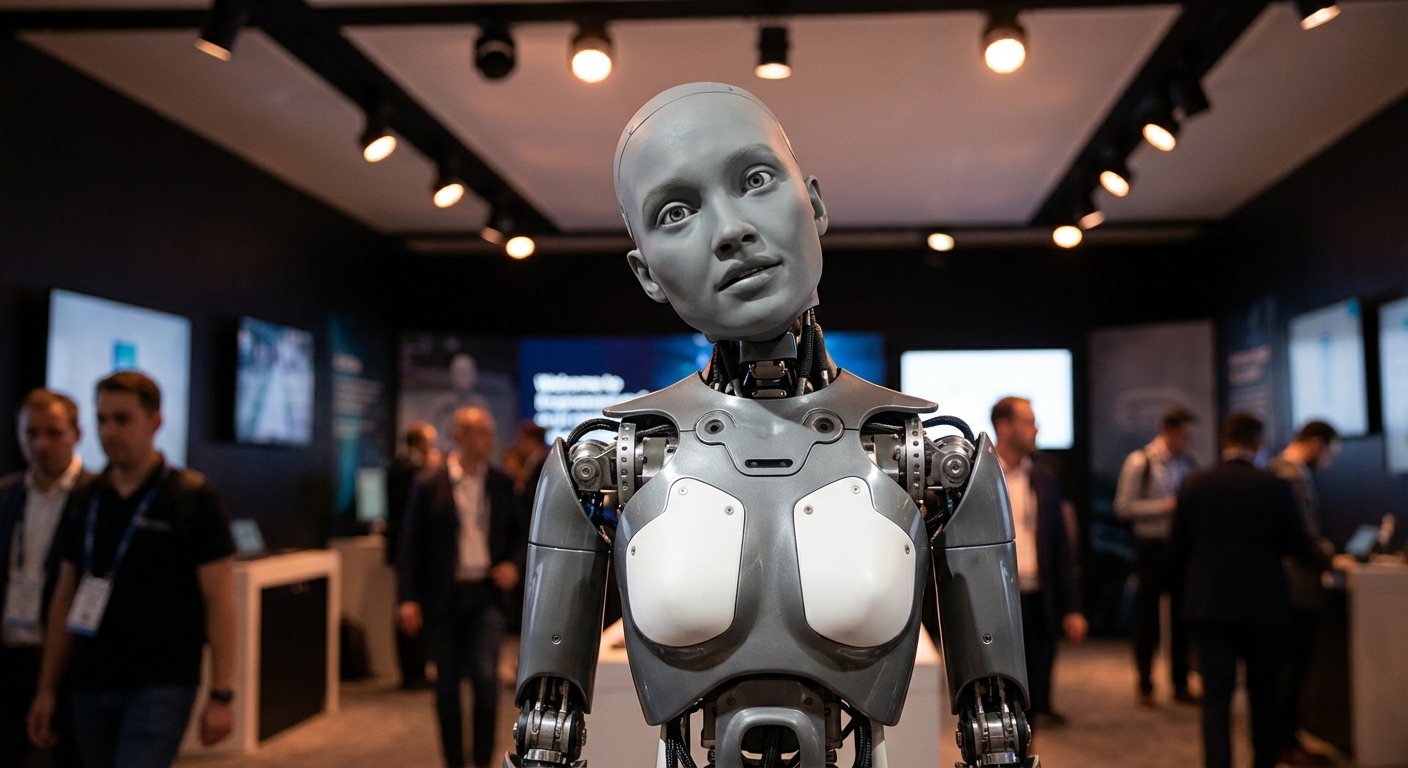 Ameca humanoid robot with expressive facial features in a modern exhibition setting