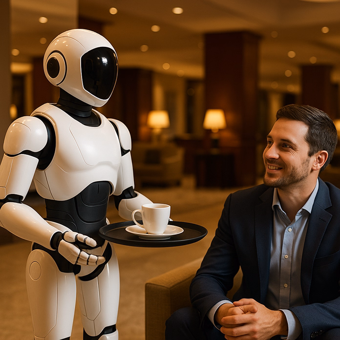 Humanoid robot providing guest services in modern hotel lobby