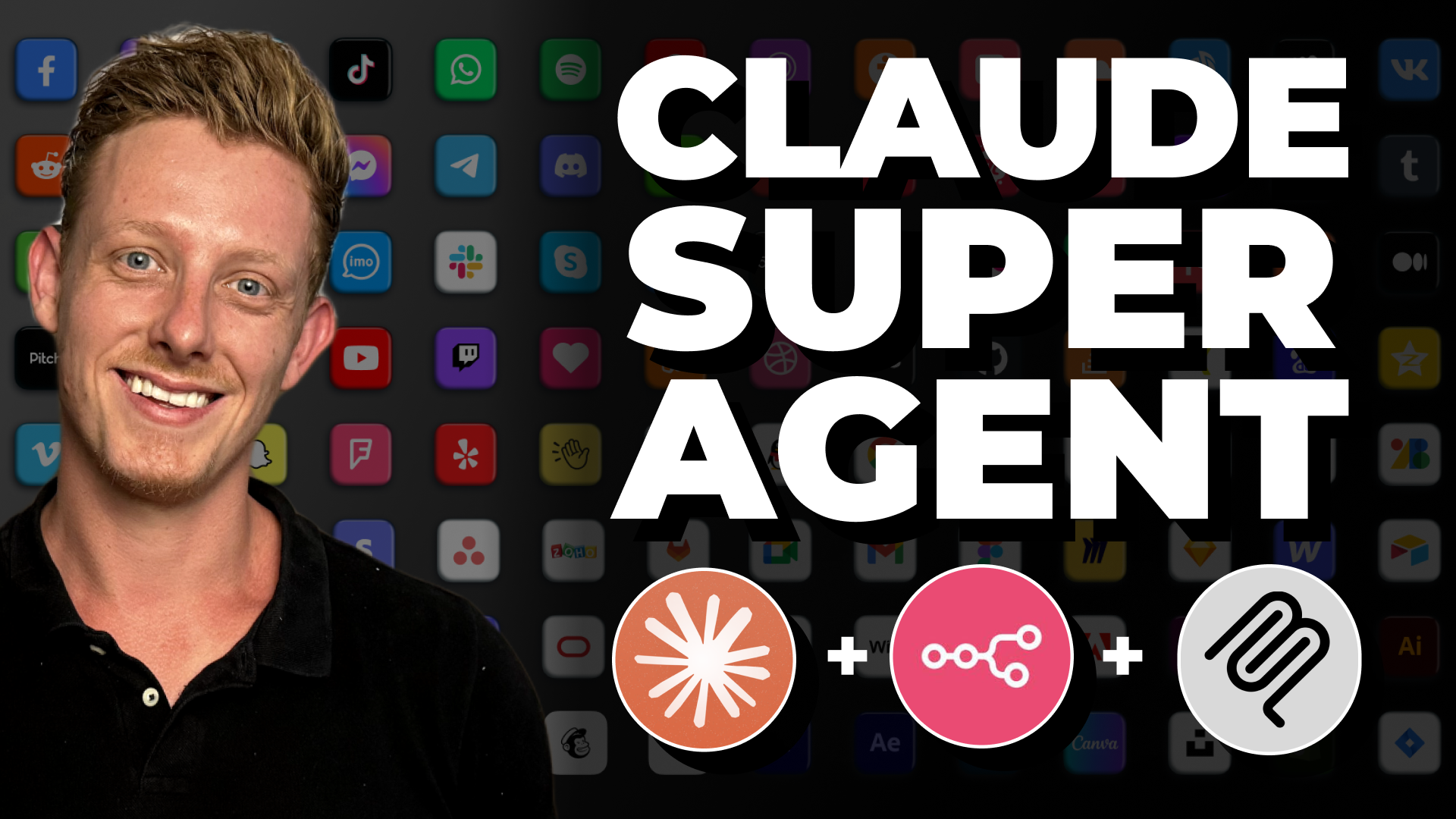 Smiling person with social media icons and "Claude Super Agent" text